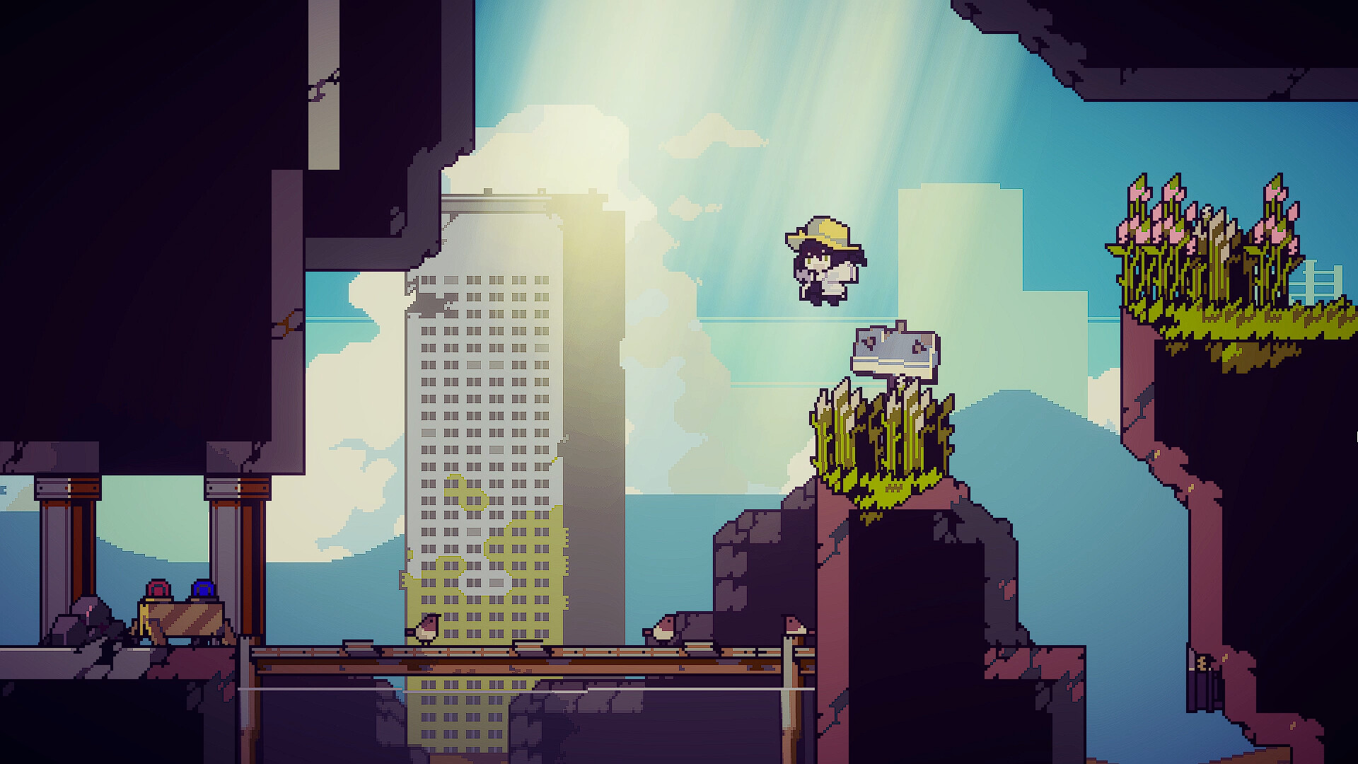 Official Doloc Town screenshot of a scavenger jumping across ruined platforms
